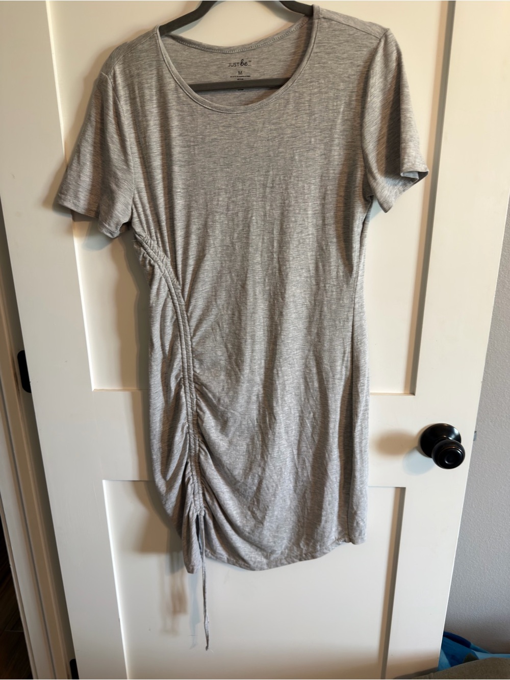 just be Light Gray Side-Ruched Short Sleeve Midi Dress